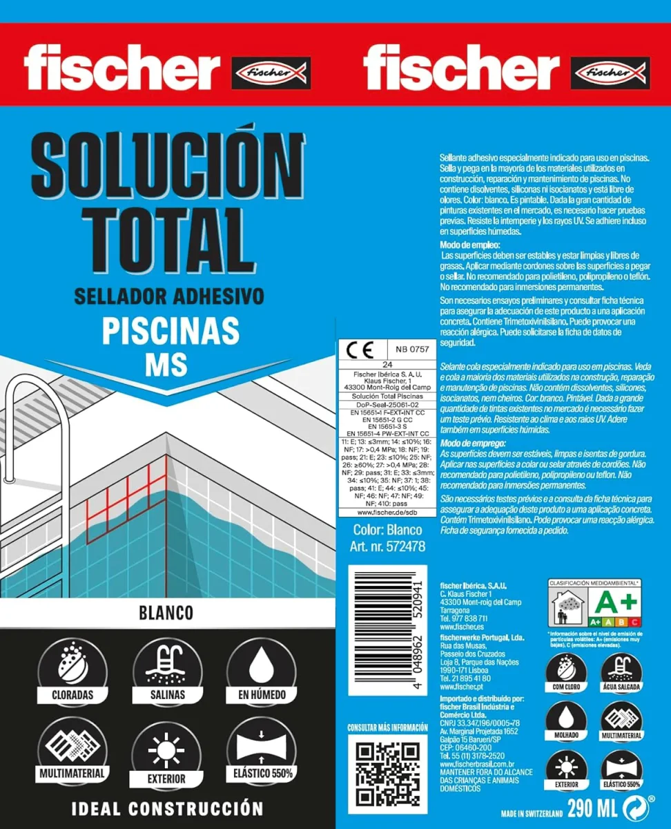 Cartucho Adhesivo Sellador 290ml Fischer Solucion Total MS Especial Piscinas - Imagen 4
